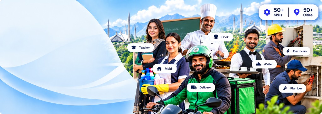 Job seekers and skilled workers on HukamKaren including maid, driver, plumber, and helper